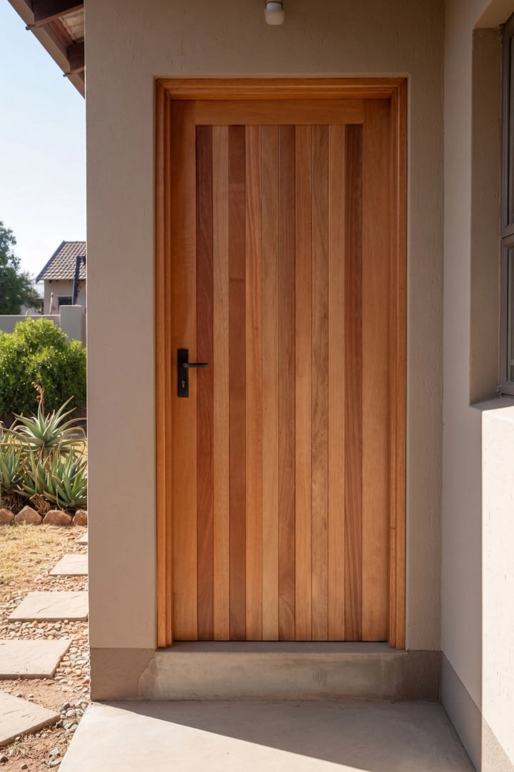 A tall, modern wooden entry door with vertical slats in a warm medium brown tone, installed on a house exterior with beige stucco walls and a black metal handle.