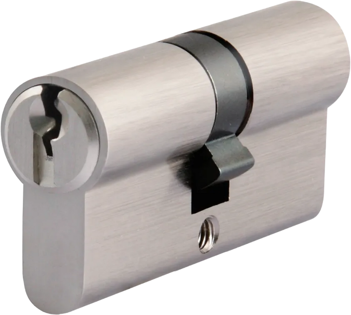 TAURUS 60mm Euro-profile double cylinder, angled side view showing the keyway, central cam and fixing-screw hole