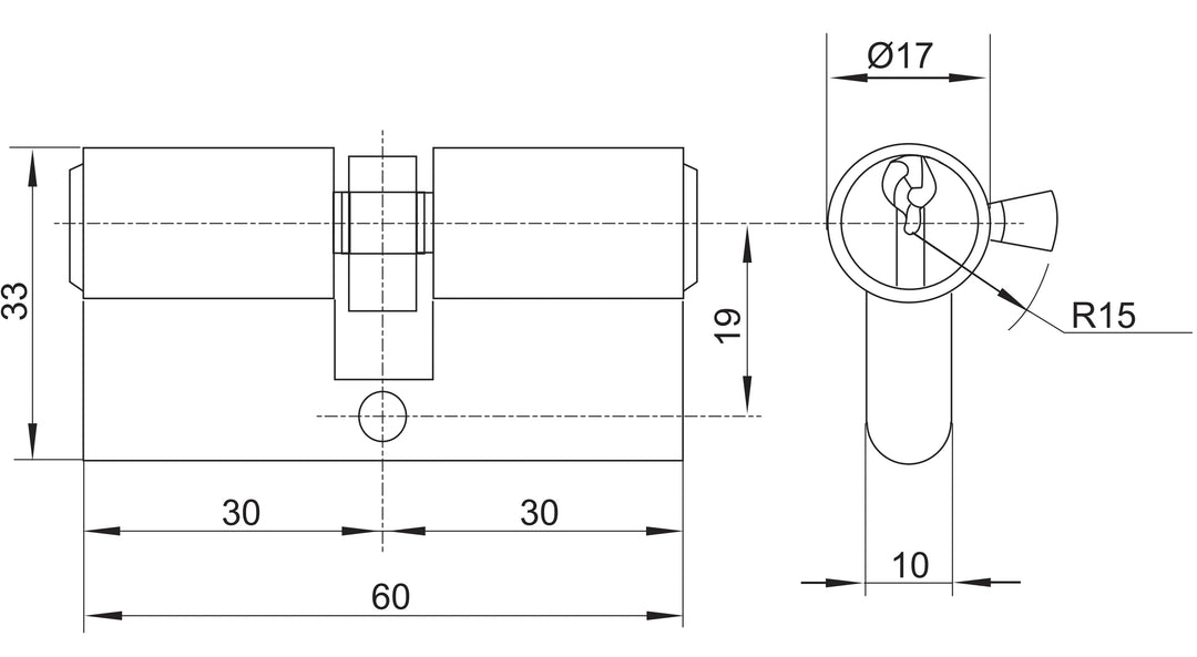 TAURUS Euro-profile cylinder technical drawing showing 60mm length, 30/30mm split, 33mm height and 15mm cam radius
