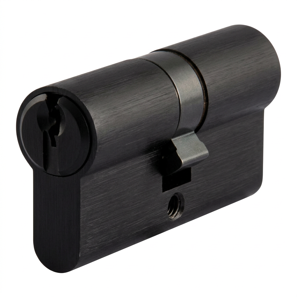 TAURUS black Euro-profile double cylinder 60mm (30/30), angled view showing keyway, central cam and fixing-screw hole.