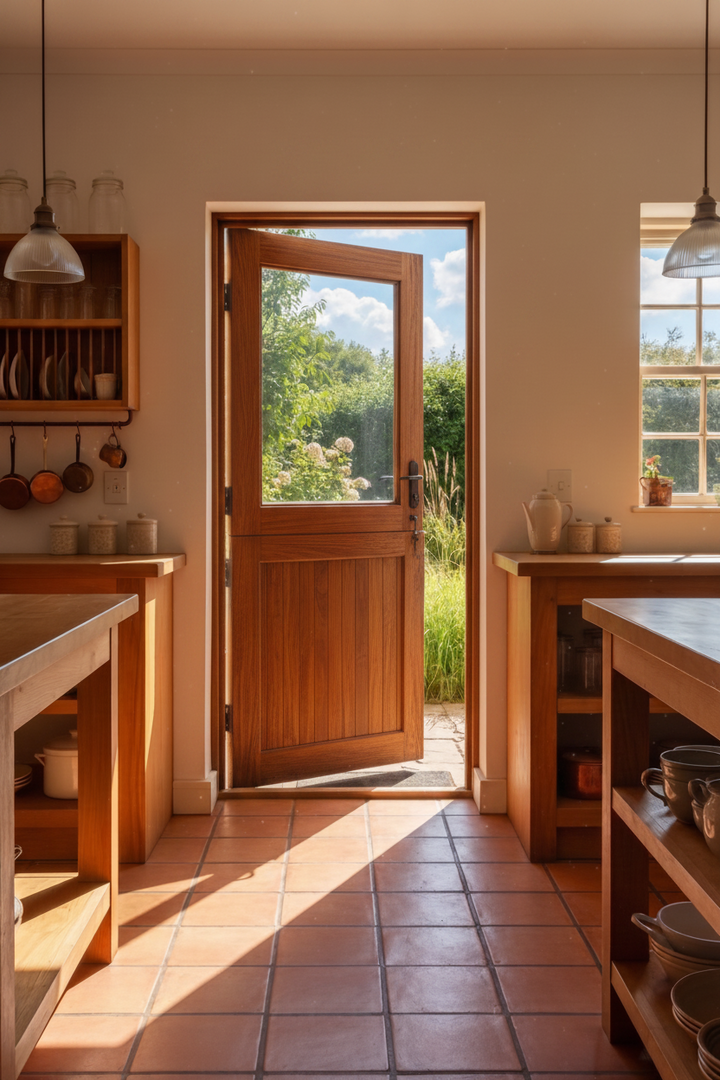 Sunlit kitchen with wooden furniture and Full Pane Top Frame &amp; Ledge Bottom Stable door leading to garden