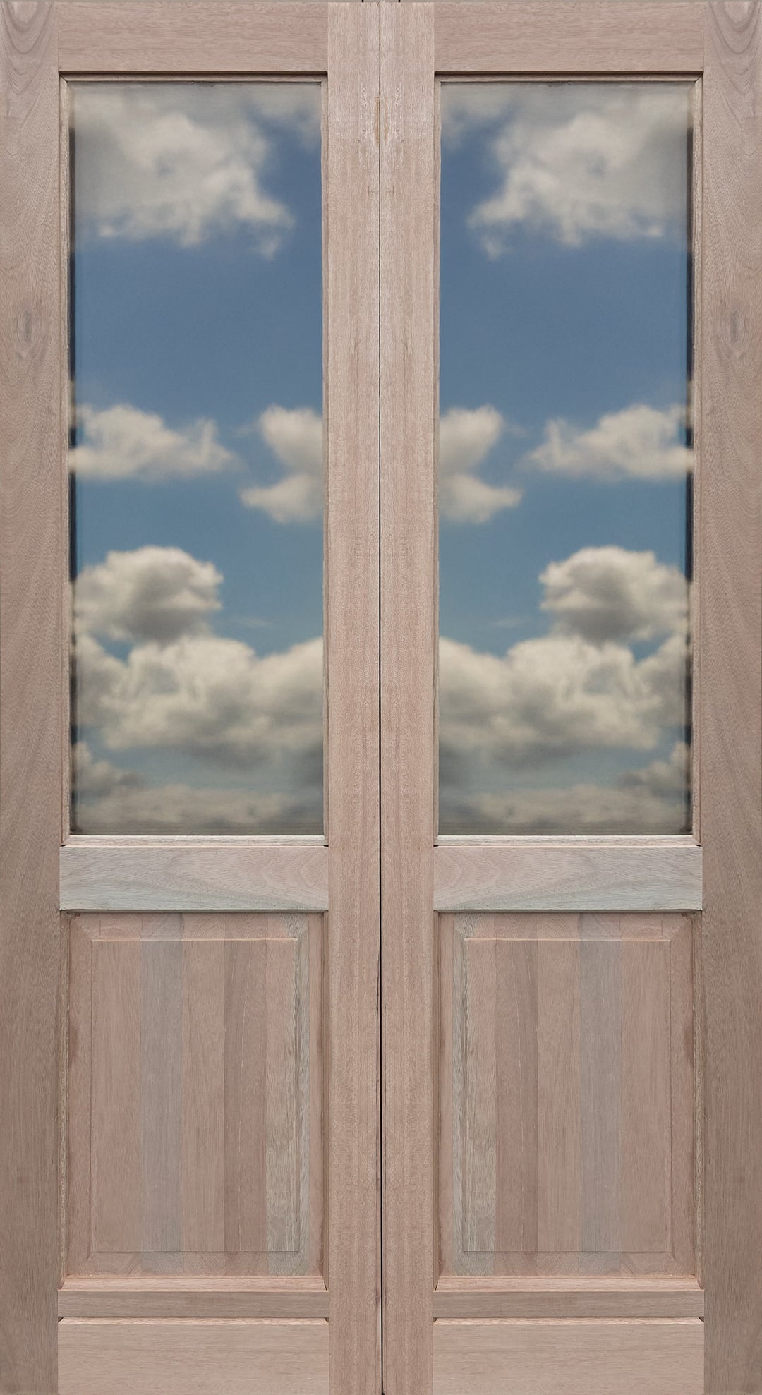 Wooden double doors with glass panels reflecting a blue sky and clouds