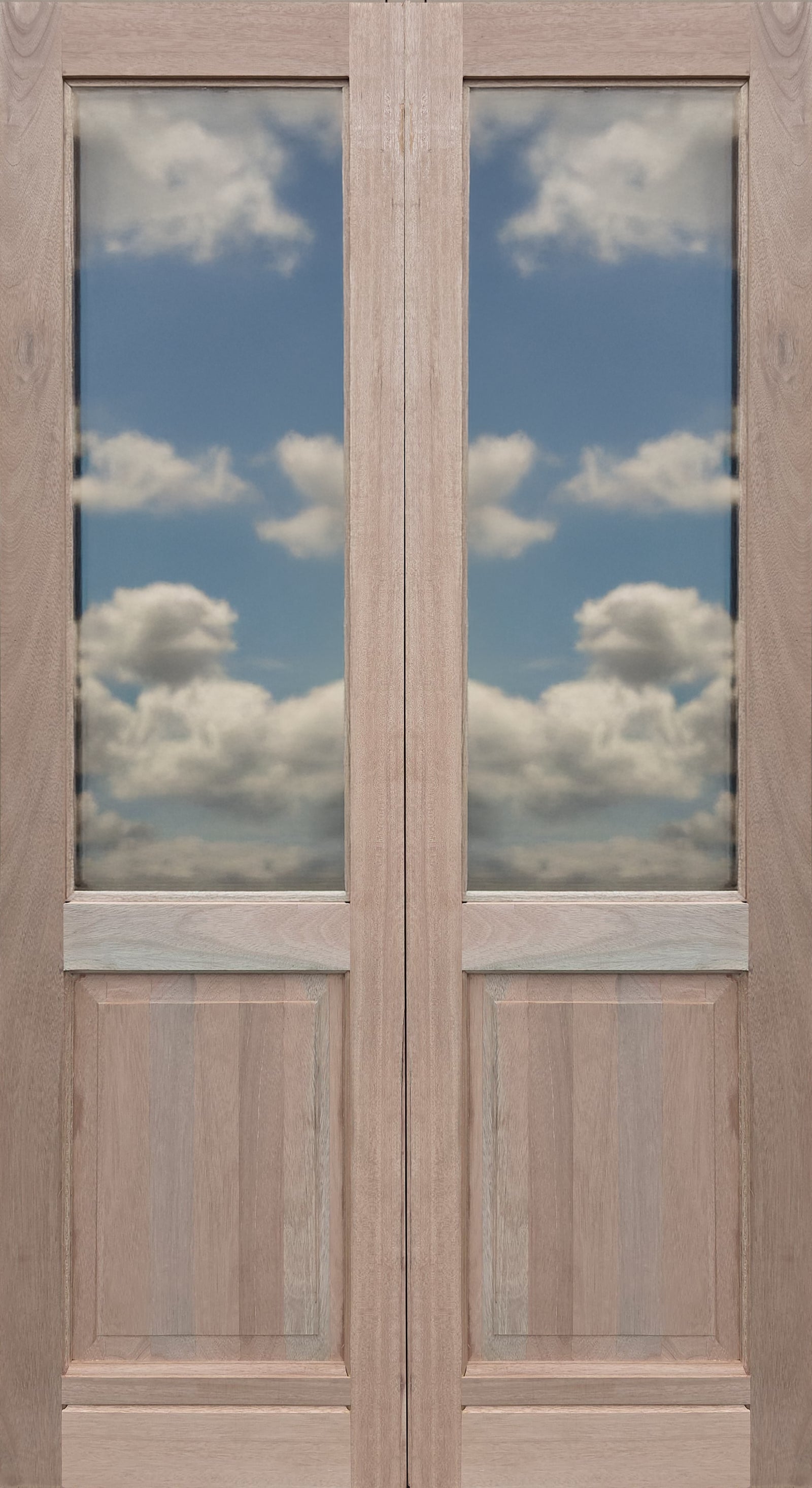 Wooden double doors with glass panels reflecting a blue sky and clouds