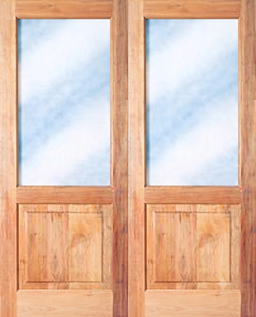 A pair of light brown wooden double doors with frosted glass panels in the upper half and solid wood panels in the lower half.