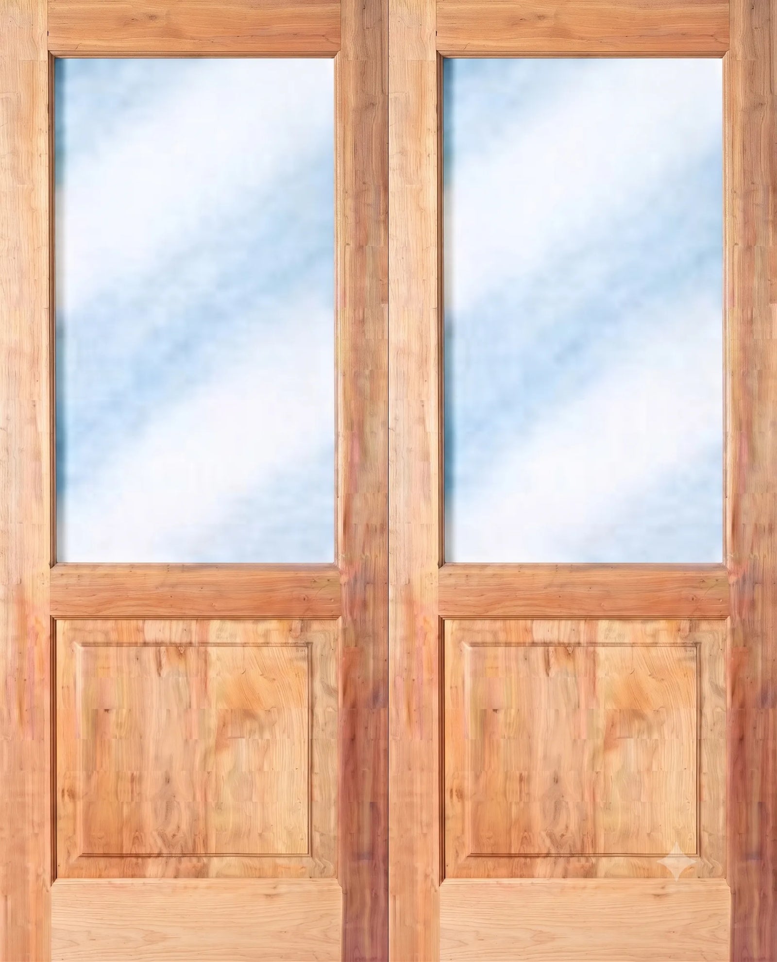 A pair of light brown wooden double doors with frosted glass panels in the upper half and solid wood panels in the lower half.