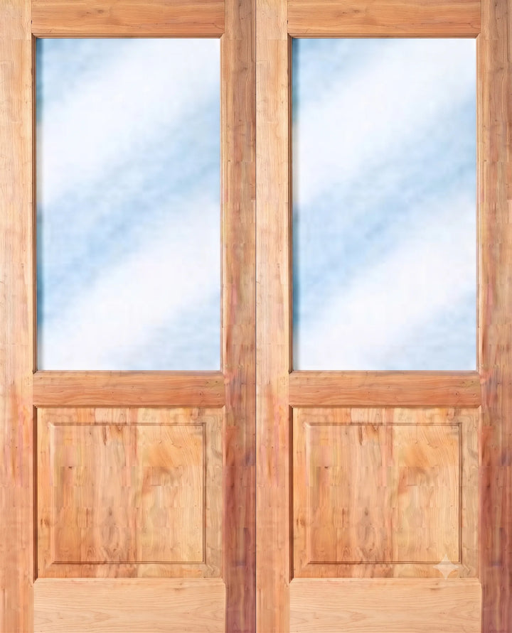 A pair of light brown wooden double doors with frosted glass panels in the upper half and solid wood panels in the lower half.
