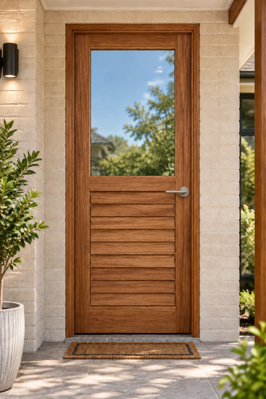 A modern wooden entry door with a large upper glass panel and horizontal lower panel, set in a light brick entryway with a doormat and potted plants.