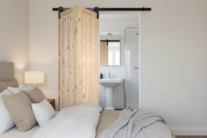 Bedroom with wooden sliding door leading to bathroom