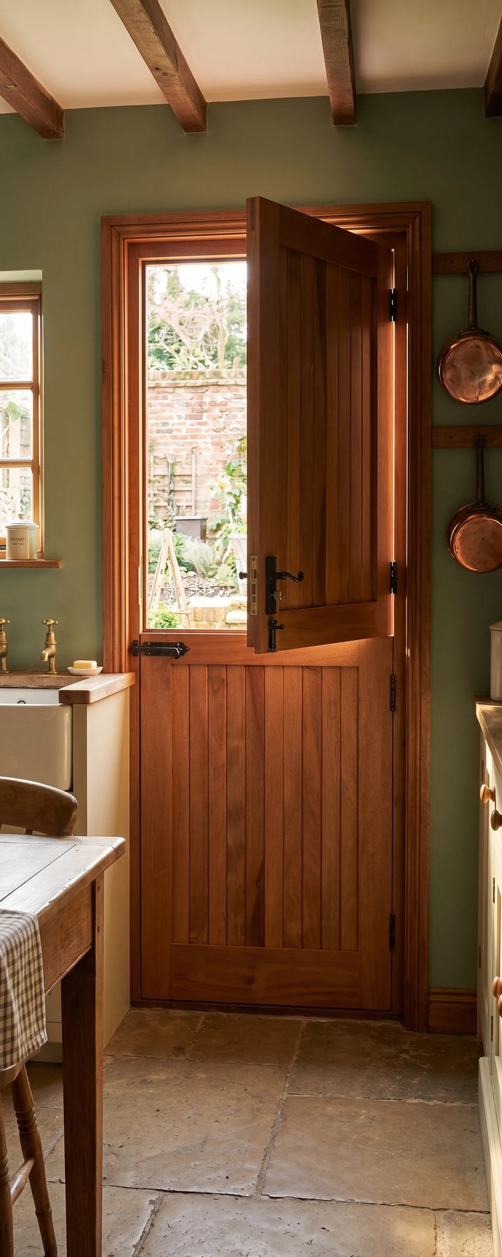 Partially open meranti stable door viewed from inside a kitchen