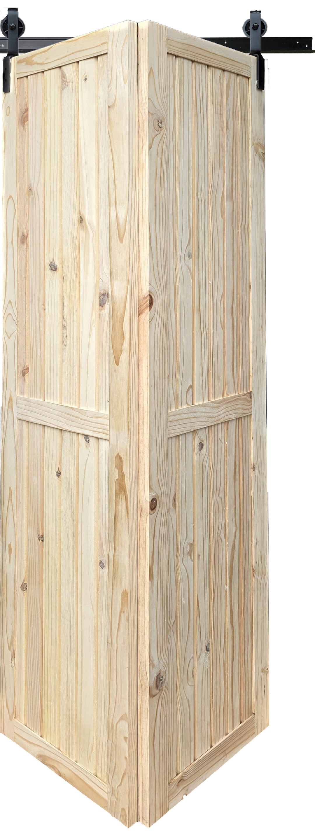 Unfinished Framed and Ledged Pine Bifold Door with rustic design.