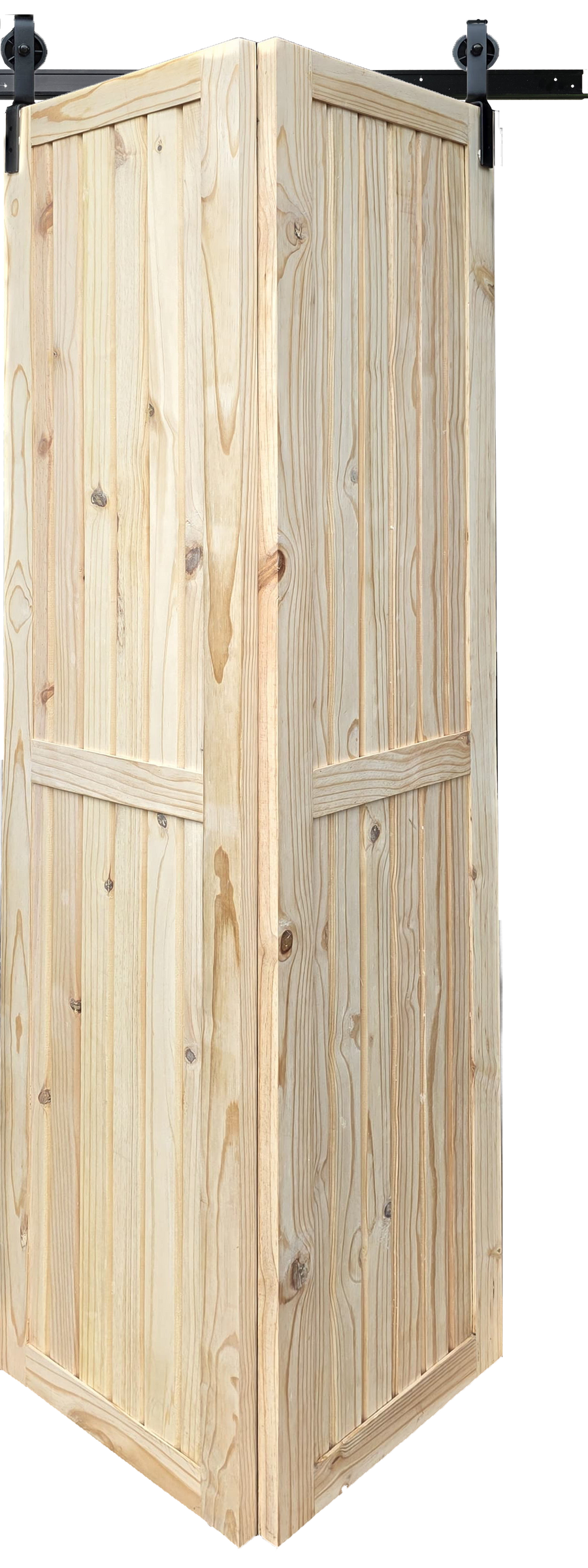 Unfinished Framed and Ledged Pine Bifold Door with rustic design.