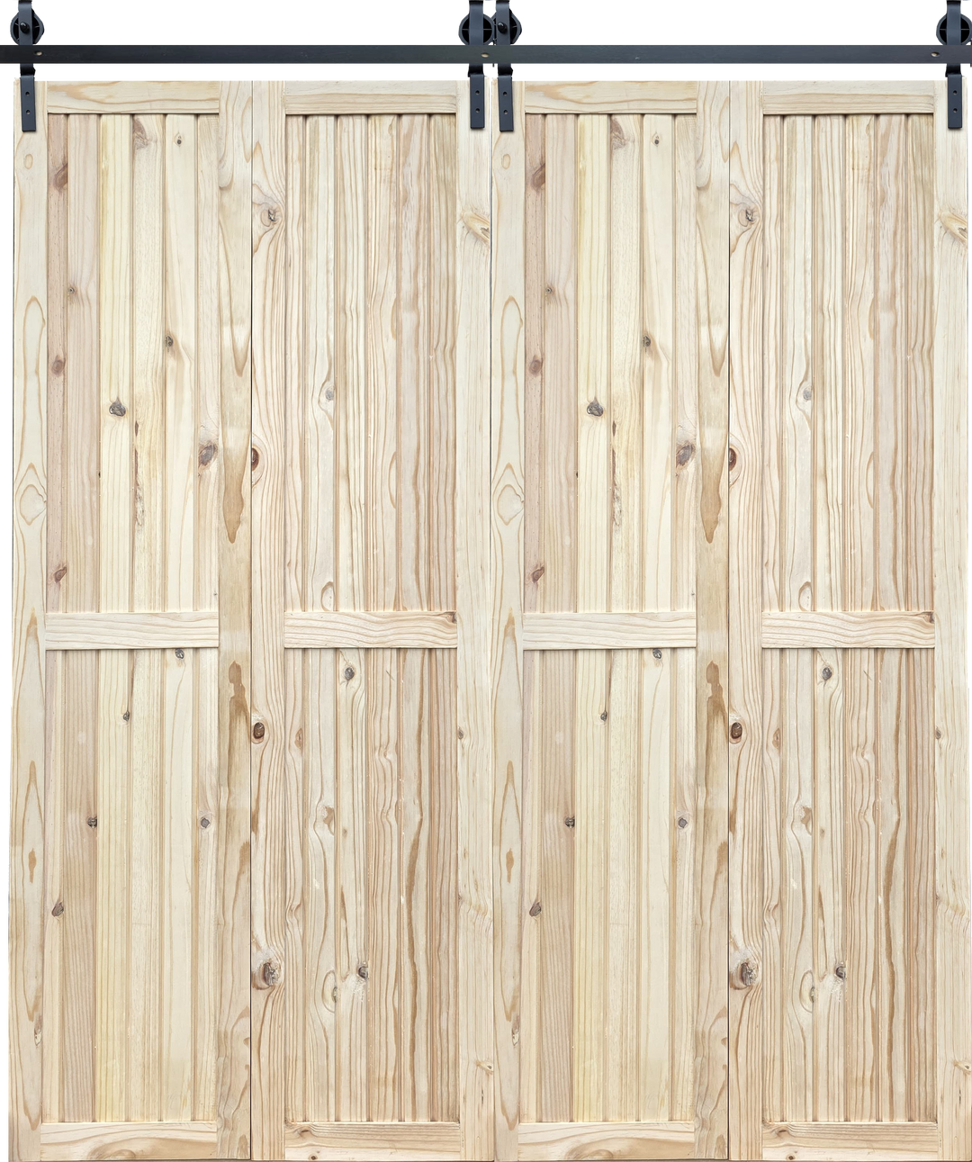 Framed and Ledged Double Pine Bifold Barn Door Kit for a 2000mm wide opening, closed view.