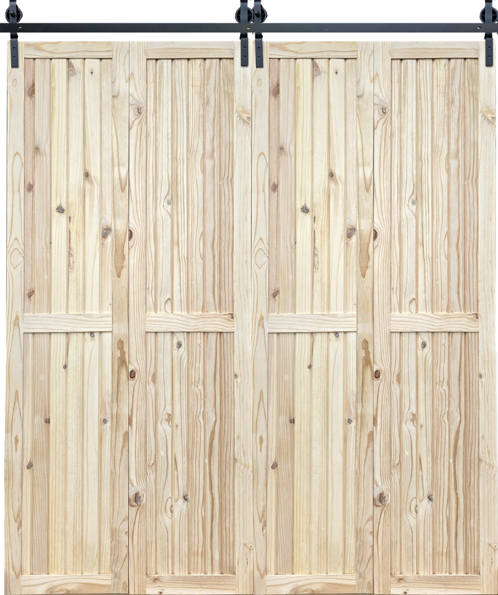 Framed and Ledged Double Pine Bifold Barn Door Kit for a 2000mm wide opening, closed view.