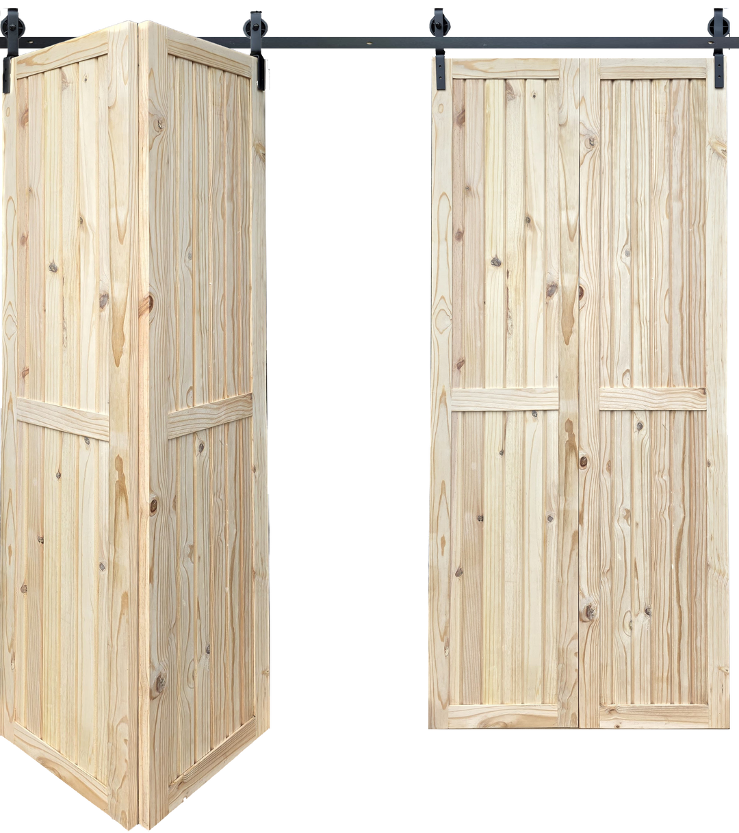 Framed and Ledged Double Pine Bifold Barn Door Kit for a 2000mm wide opening, partially open view.
