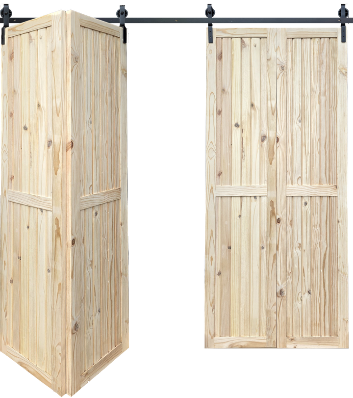 Framed and Ledged Double Pine Bifold Barn Door Kit for a 2000mm wide opening, partially open view.