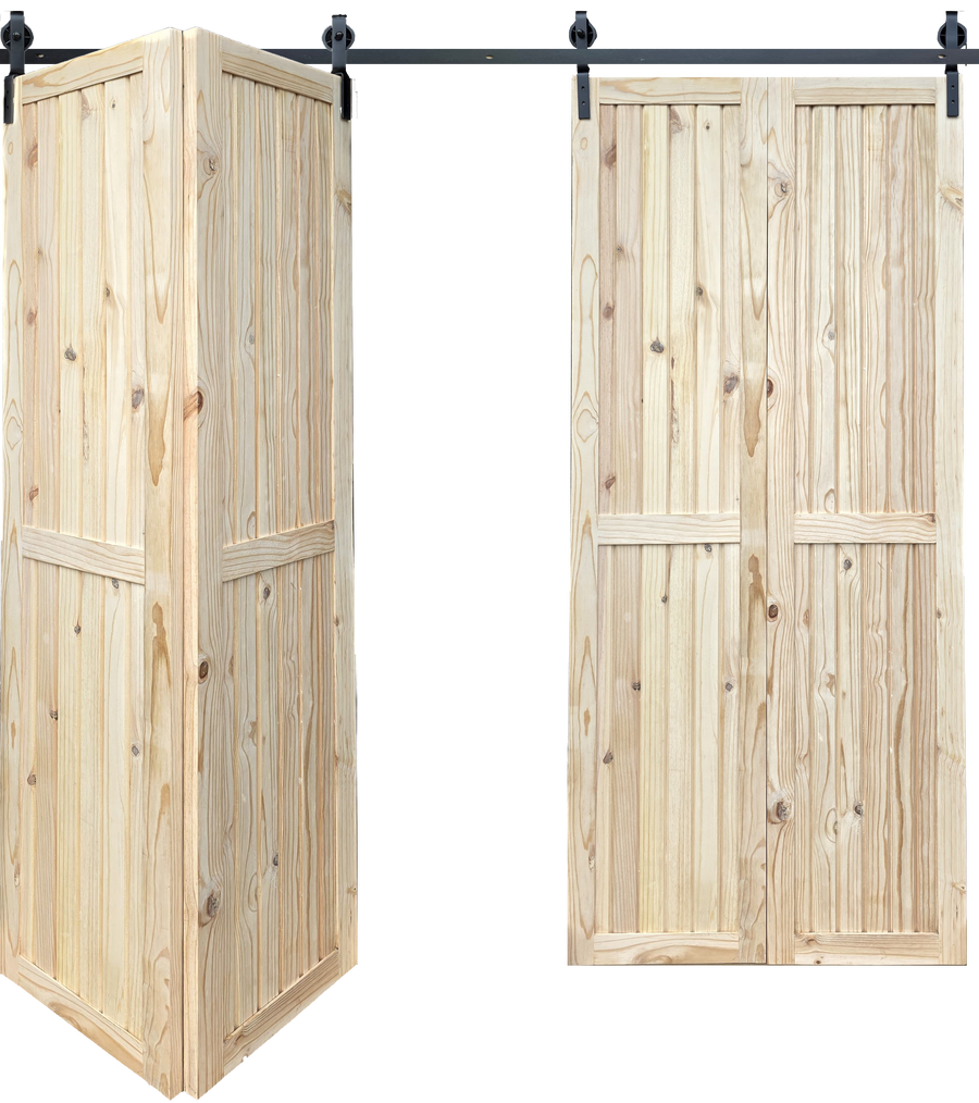 Framed and Ledged Double Pine Bifold Barn Door Kit for a 2000mm wide opening, partially open view.