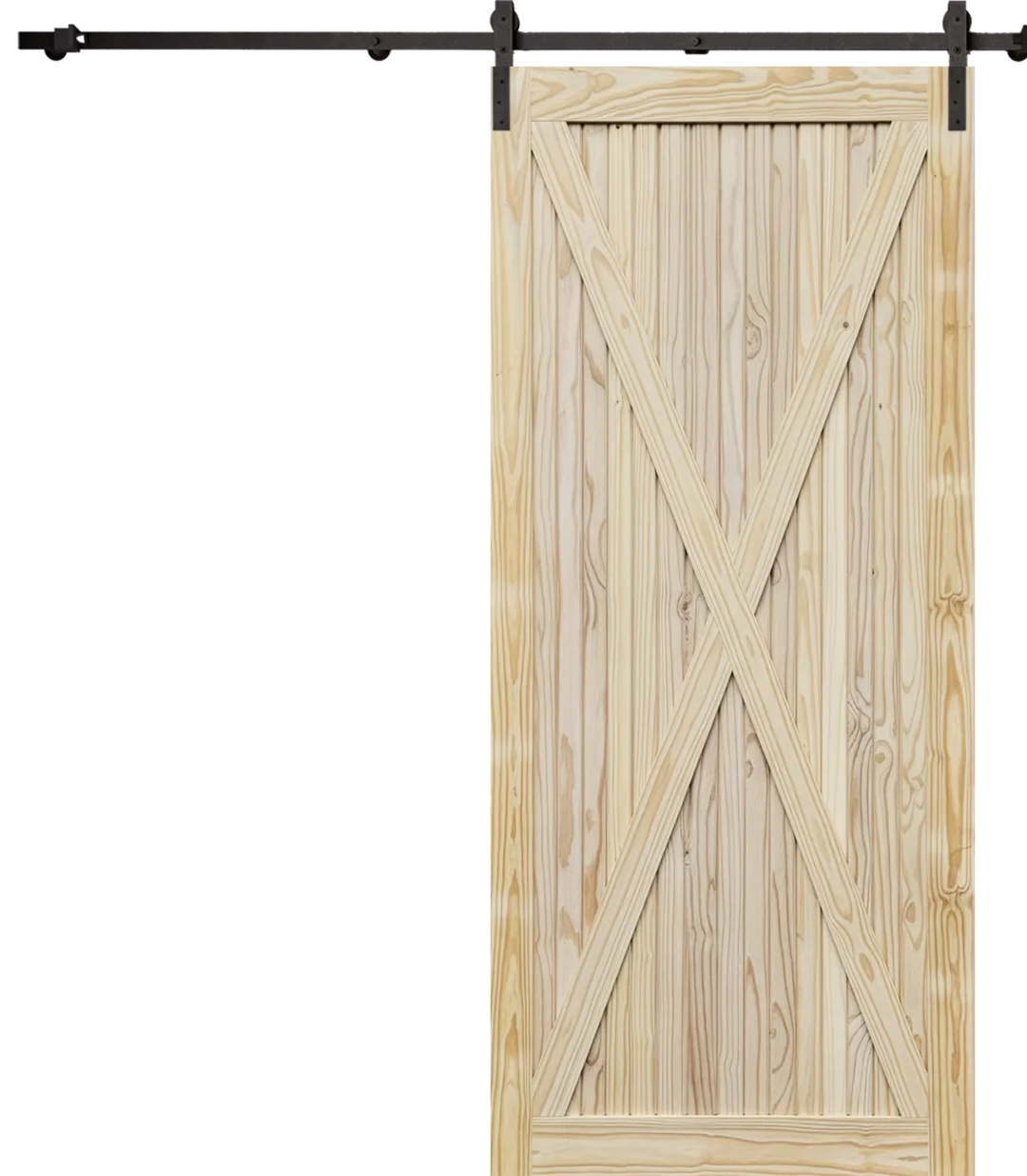 Full-length X-brace pine barn door with double-sided design and black sliding track.