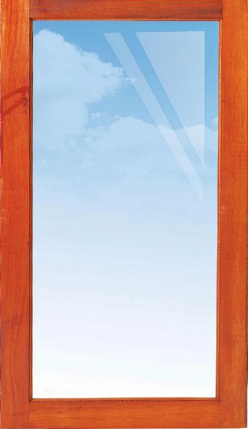 Full pane Meranti pivot entrance door with a large rectangular glass panel and warm reddish-brown timber surround.