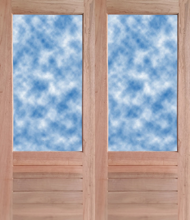 Pair of Meranti double doors with large upper glazing openings and horizontal slatted bottom panels, 1613 × 2032mm.