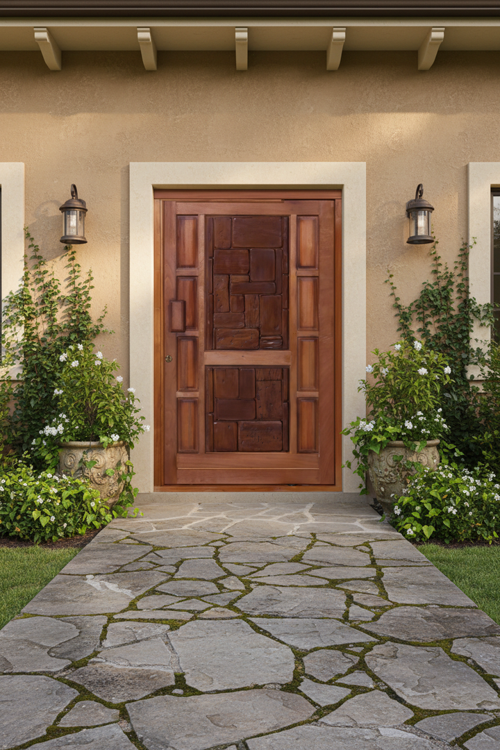 Sleeper Pivot Door front door with stone pathway leading up to it