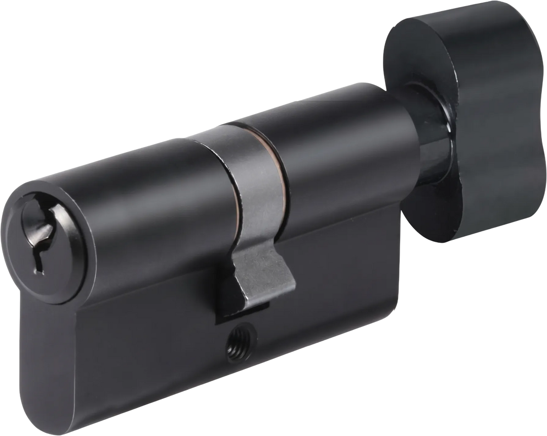 TAURUS matt black Euro-profile cylinder showing the key opening, central cam and thumbturn knob.
