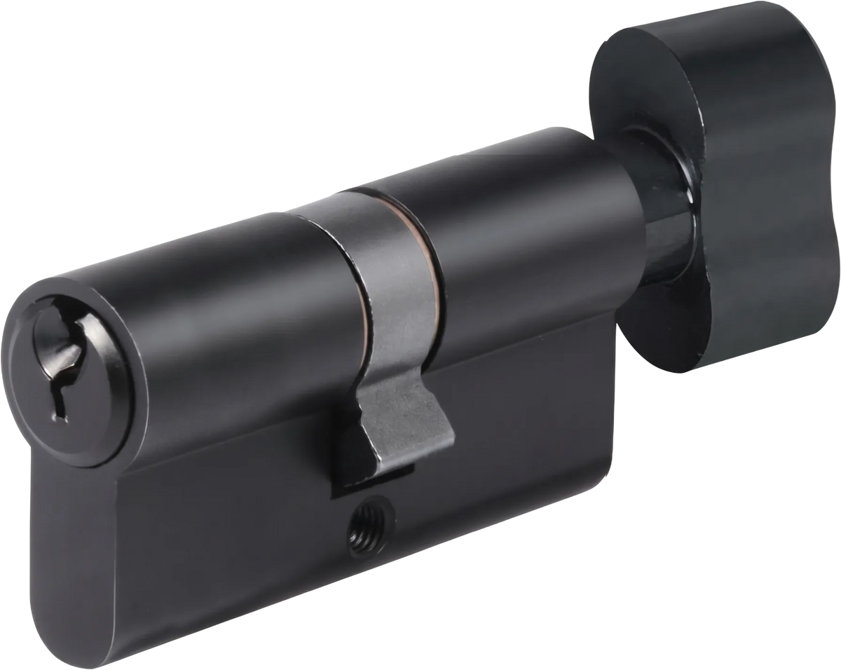 TAURUS matt black Euro-profile cylinder showing the key opening, central cam and thumbturn knob.