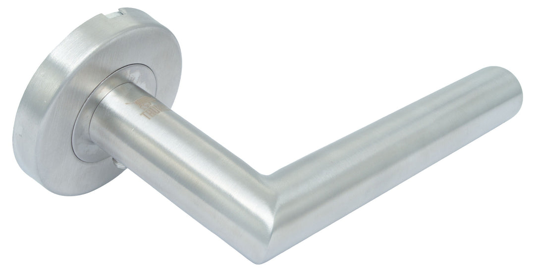Taurus T024 satin stainless steel lever door handle on round rose