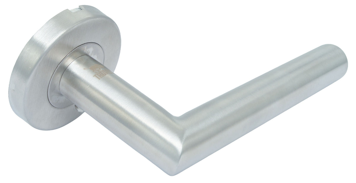 Taurus T024 satin stainless steel lever door handle on round rose