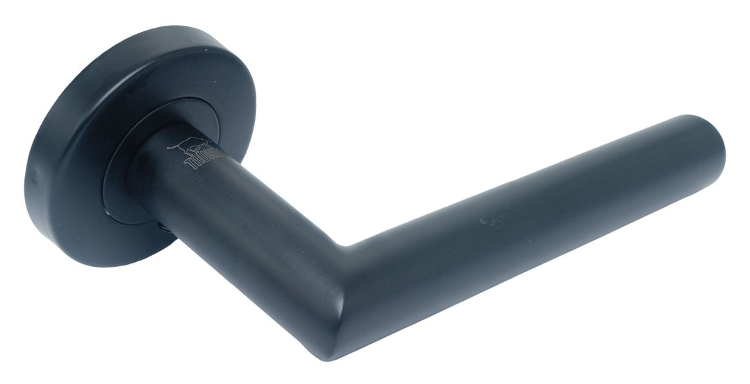Taurus T025 matt black lever door handle on round rose