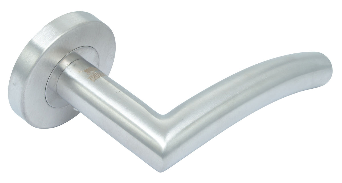 Taurus T026 satin stainless steel lever door handle on round rose