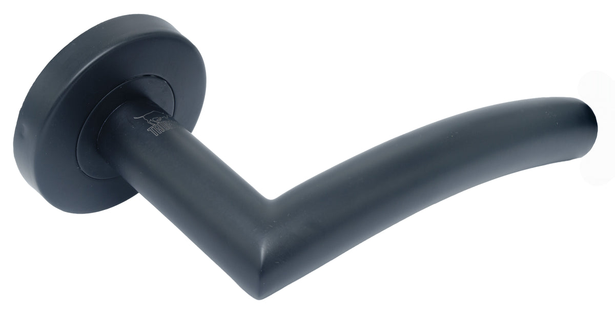 Taurus T027 matt black lever door handle on round rose