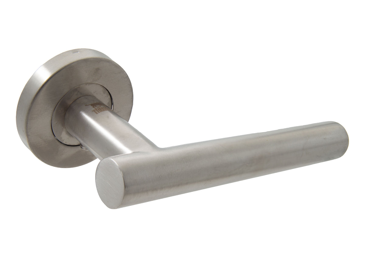 Taurus T028 satin stainless steel lever door handle on round rose