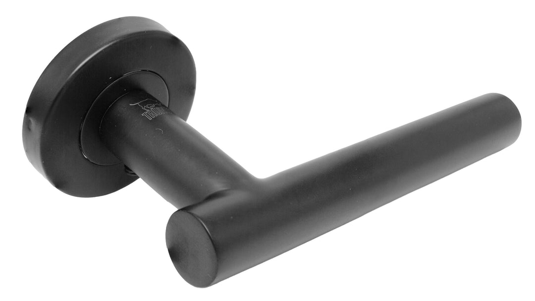 Taurus T029 matt black lever door handle on round rose