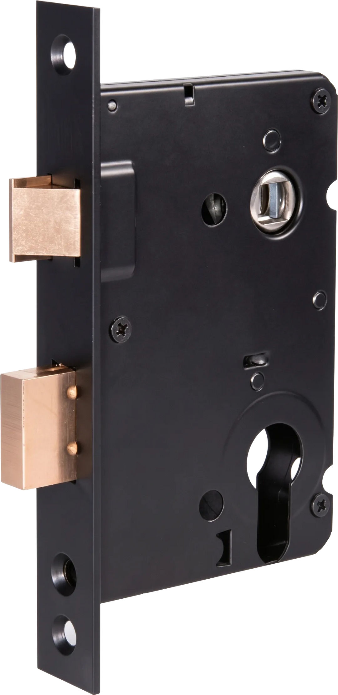 TAURUS matt black cylinder sash lock showing the latch, deadbolt, square spindle follower and Euro-profile cylinder opening.