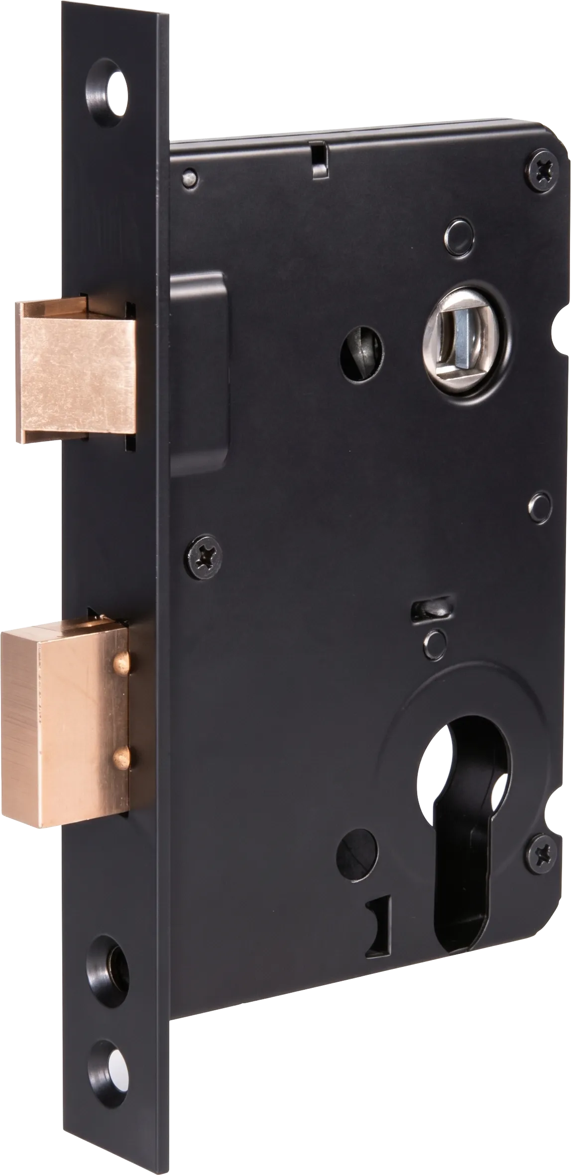 TAURUS matt black cylinder sash lock showing the latch, deadbolt, square spindle follower and Euro-profile cylinder opening.