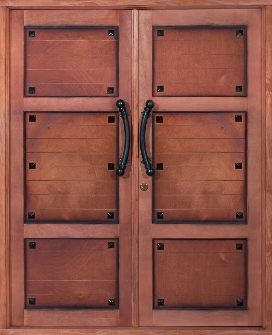 Pre-hung exterior double door with medieval studded design and black hardware