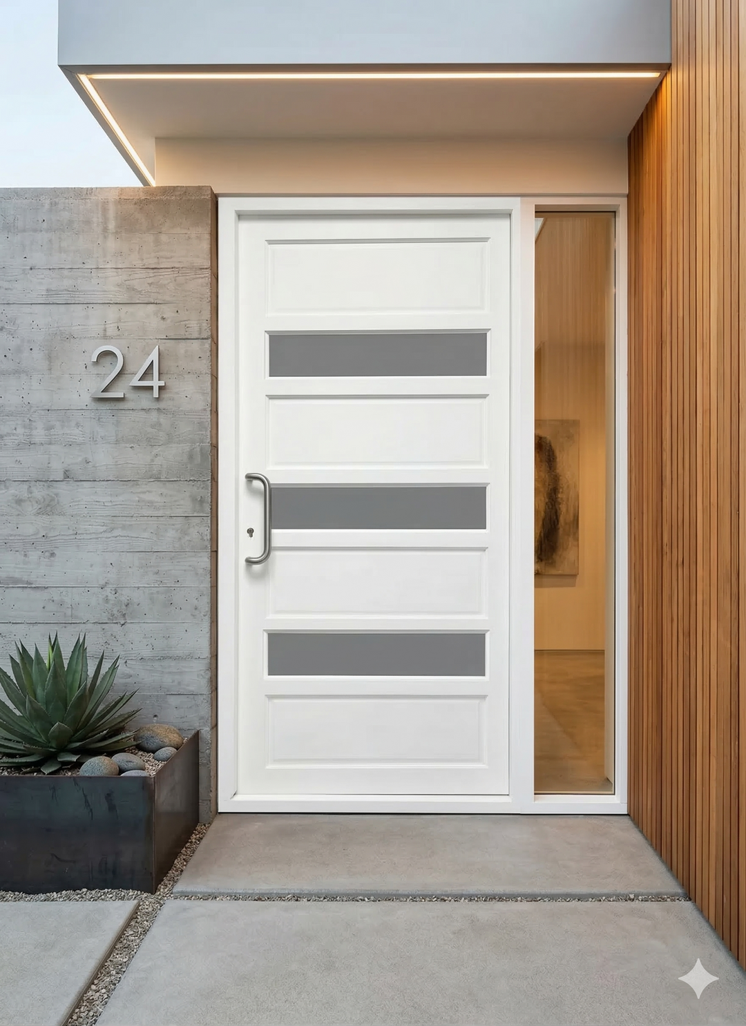 Modern white door with glass panel on a concrete wall, featuring the number 24.