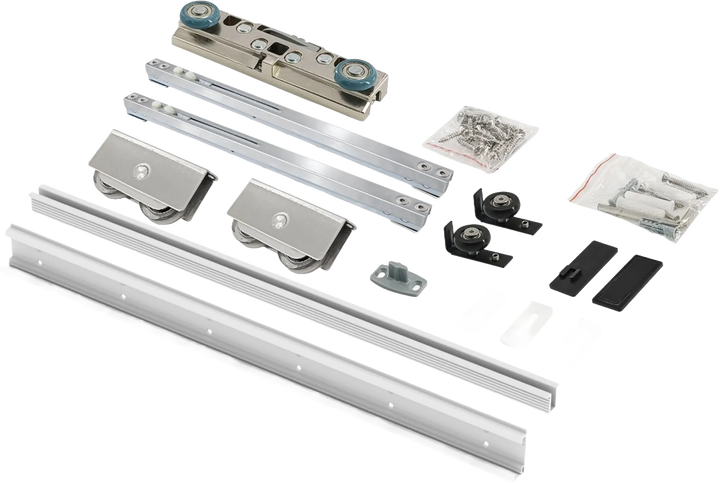 Ghost Sliding Door hardware kit including top track, anti-jump rolling hangers, soft-close mechanisms, floor guide and fixings
