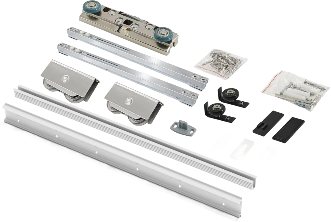 Ghost Sliding Door hardware kit including top track, anti-jump rolling hangers, soft-close mechanisms, floor guide and fixings