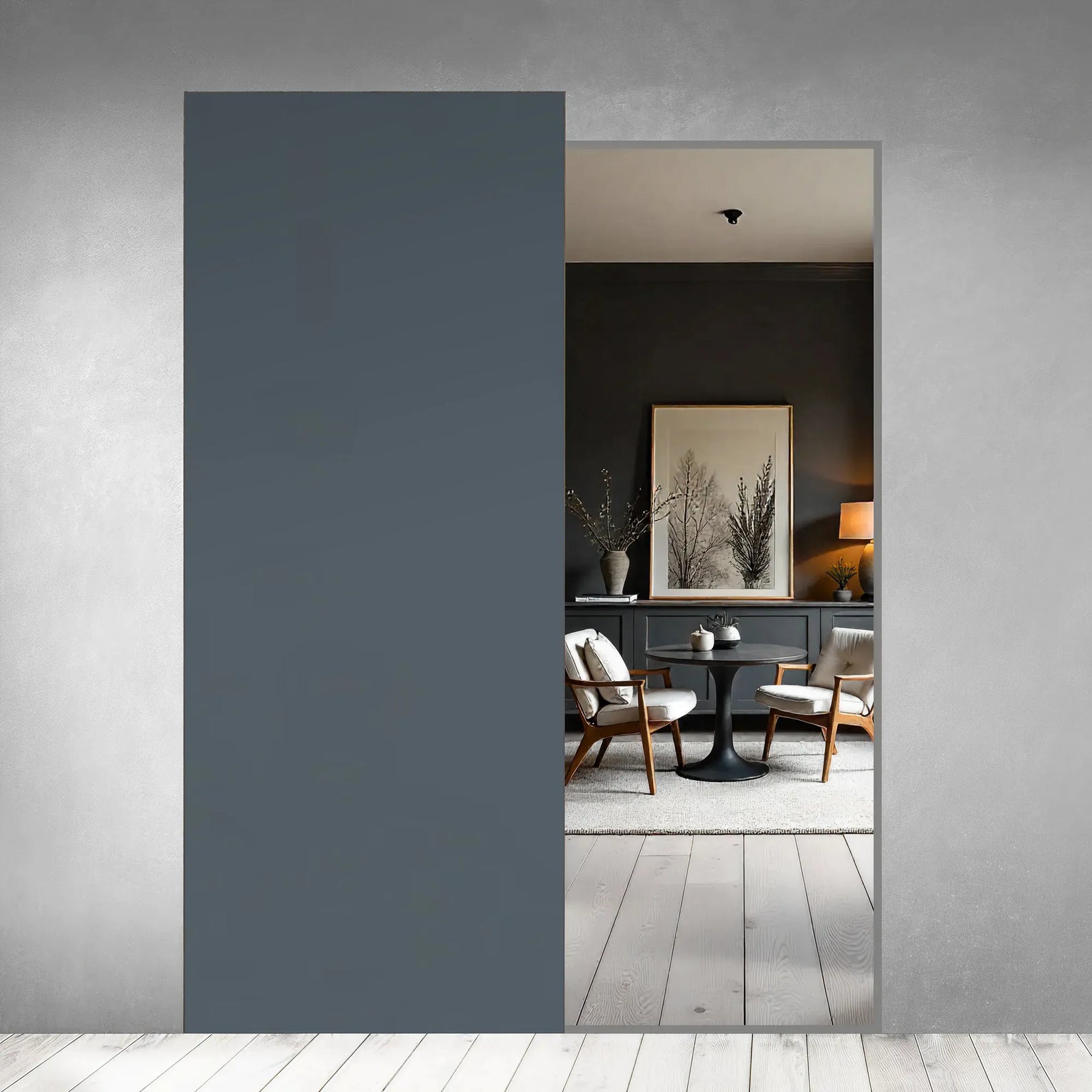 Ghost Sliding Door in Storm Grey melamine with fully concealed sliding system, open position showing interior dining room