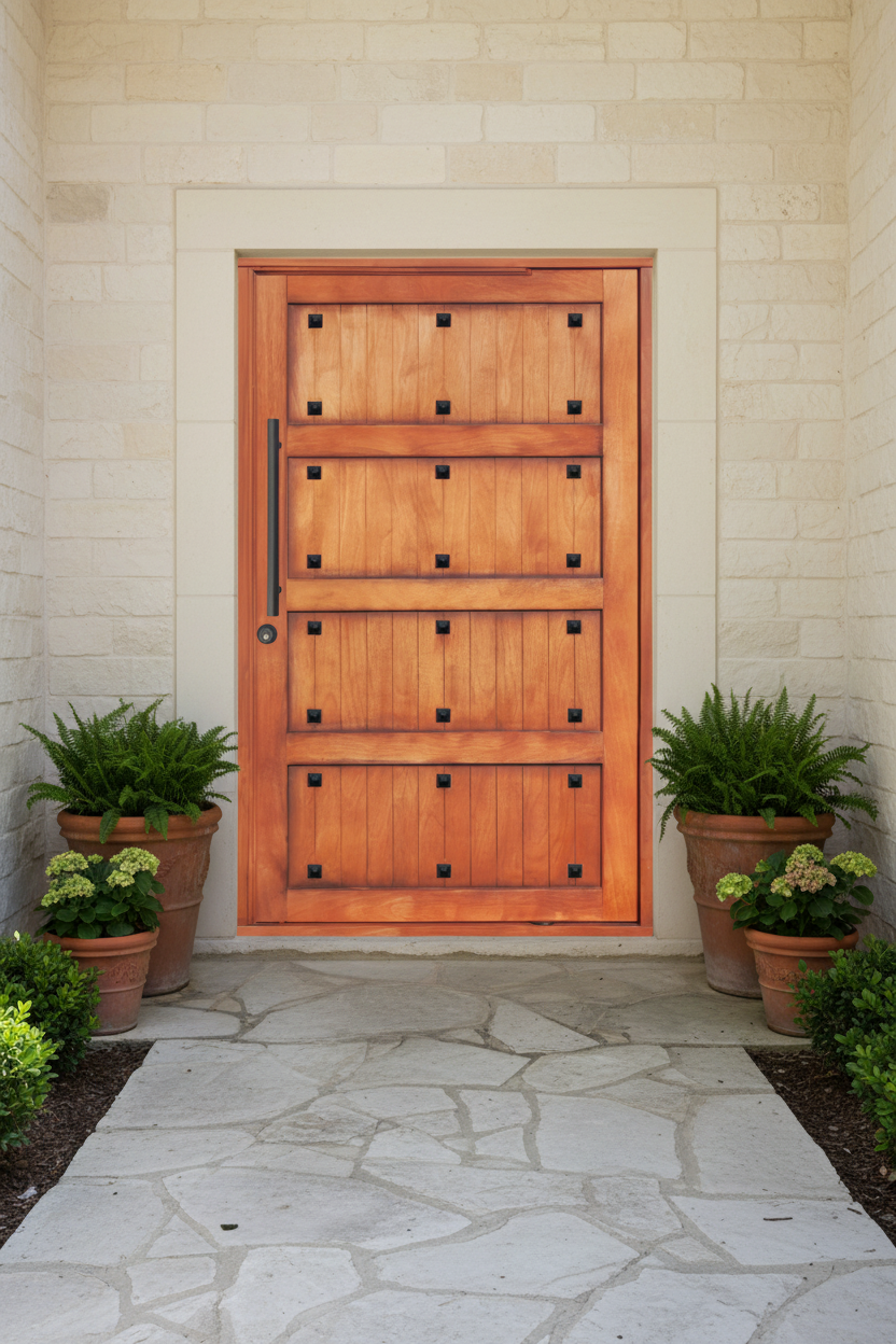 Gothic Pivot door with decorative panels on a stone pathway and beige wall.