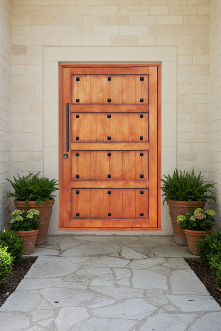 Gothic Pivot door with decorative panels on a stone pathway and beige wall.