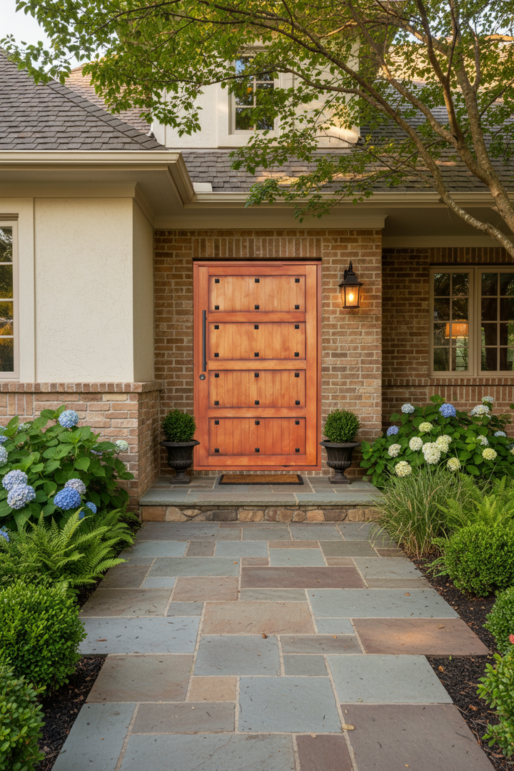 Gothic Pivot front door of a house with a stone pathway and garden