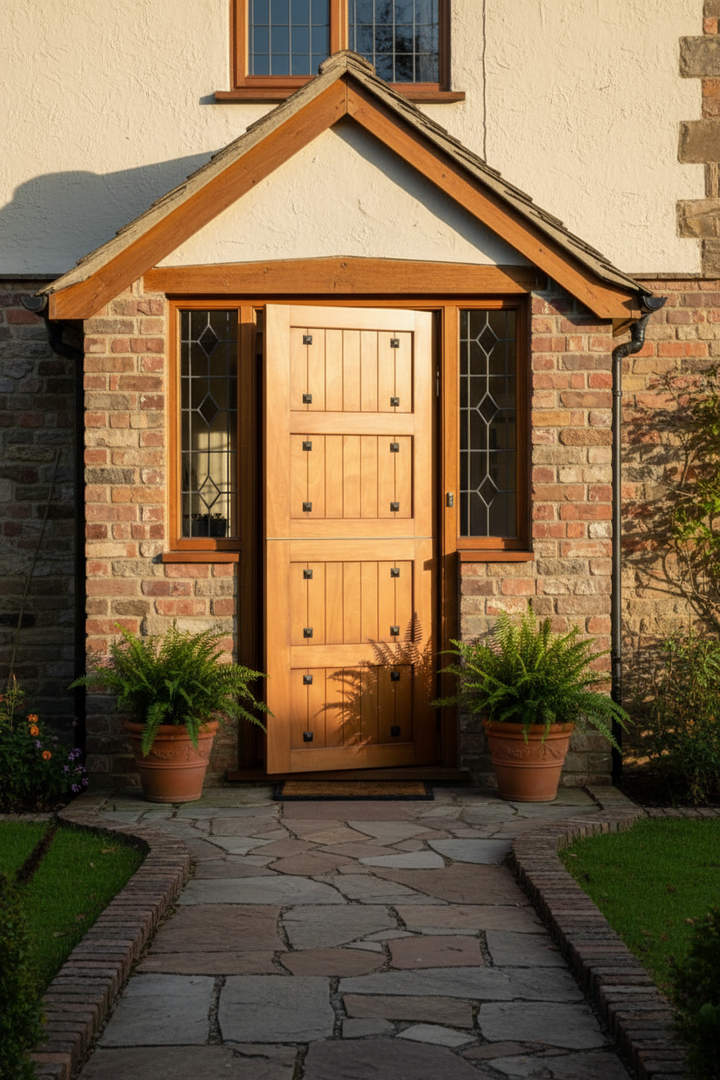 Gothic Stable Wooden door with glass panels on a brick building entrance