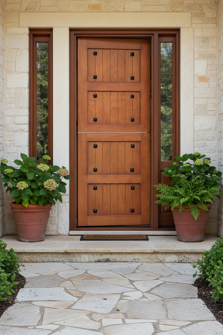 Gothic Stable front door with glass panels flanked by potted plants on a stone pathway.