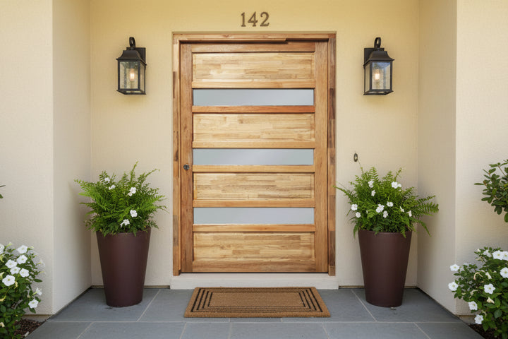 Wooden door with horizontal slats and a central glass panel