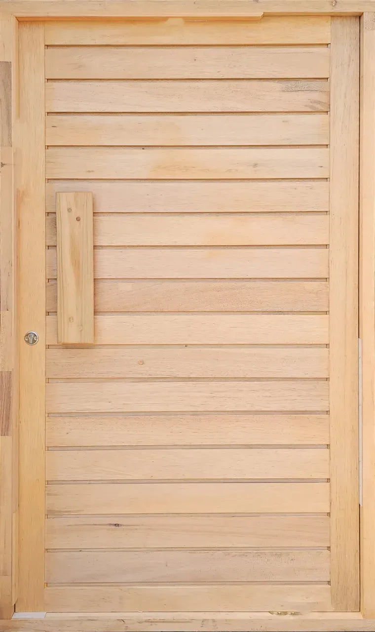 A light natural wood door with horizontal slats, a rectangular handle, and a small round lock, shown against a matching wood background.