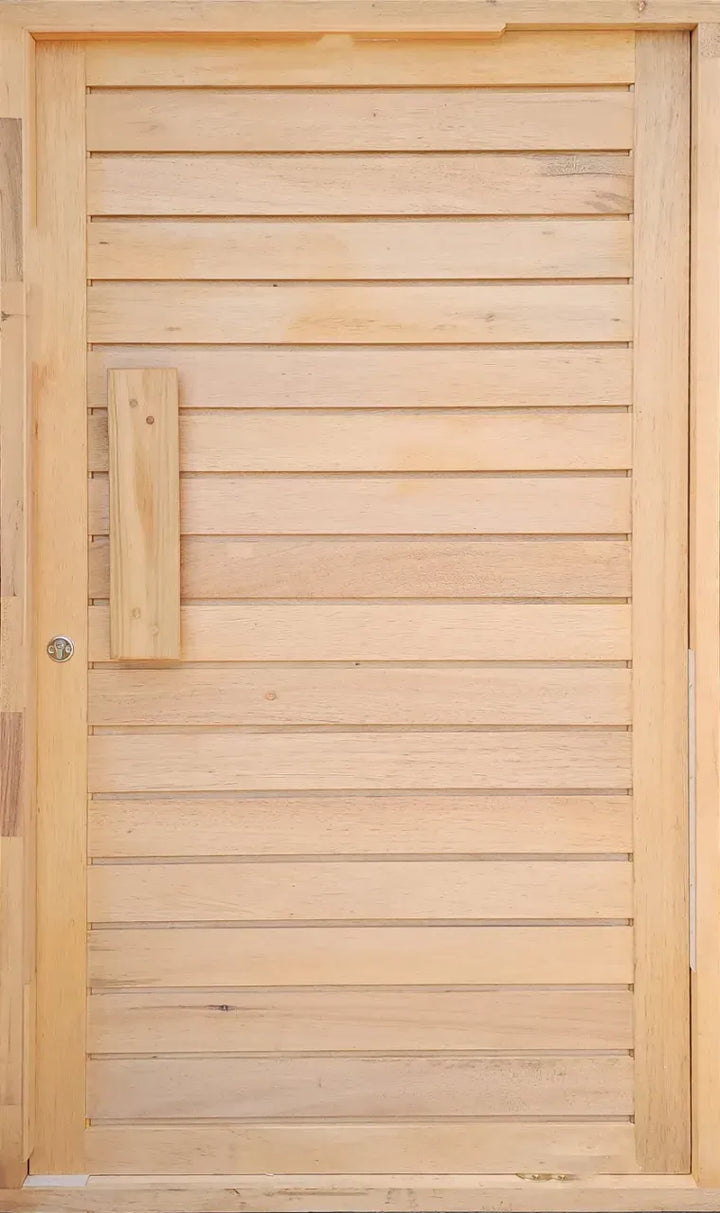 A light natural wood door with horizontal slats, a rectangular handle, and a small round lock, shown against a matching wood background.
