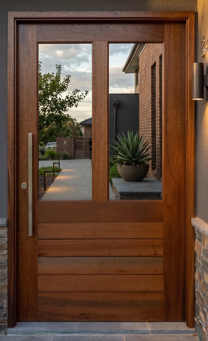 detailed view of the door showing horizontal slats lower, two clear glass panels upper, and a back-to-back bar handle — stained dark Meranti finish