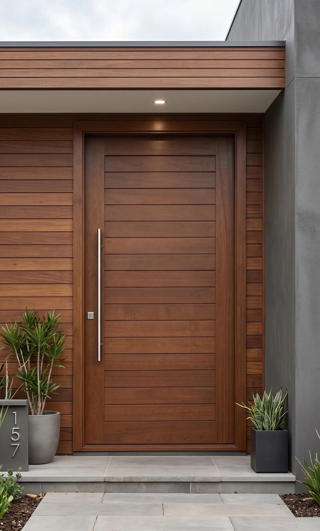 Solid meranti horizontal slatted pivot door installed in a contemporary home entrance, shown stained in a warm walnut tone with a slim stainless steel handle and timber wall cladding.